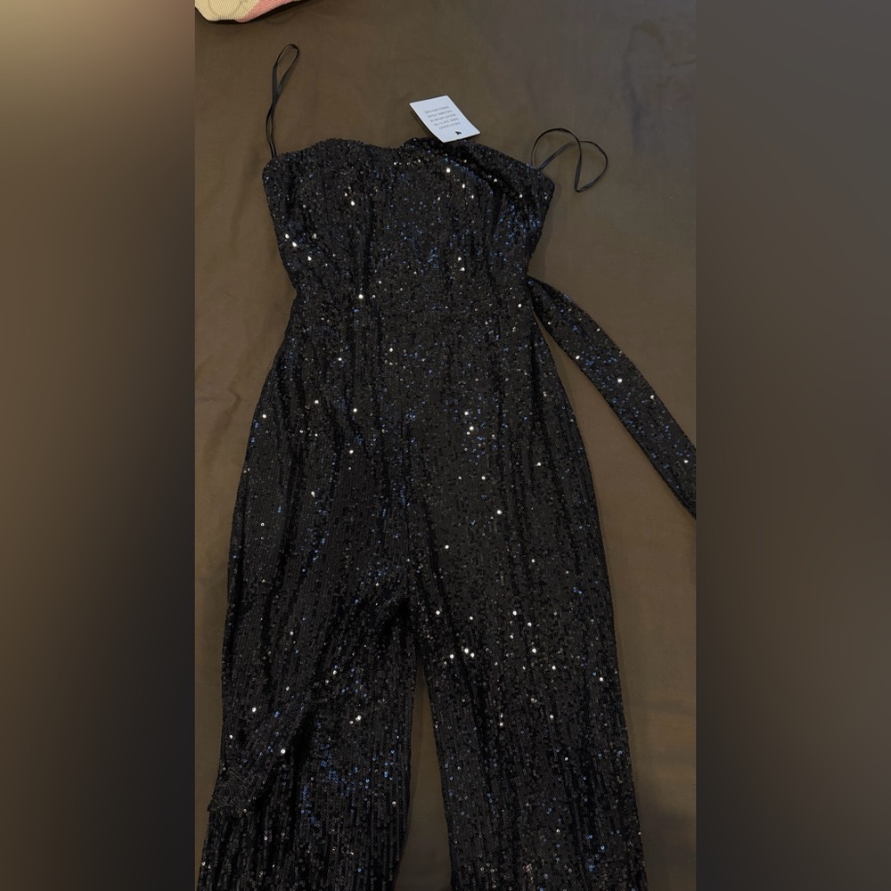 Aakaa Charcoal Sequin Strapless Jumpsuit with Waist Tie